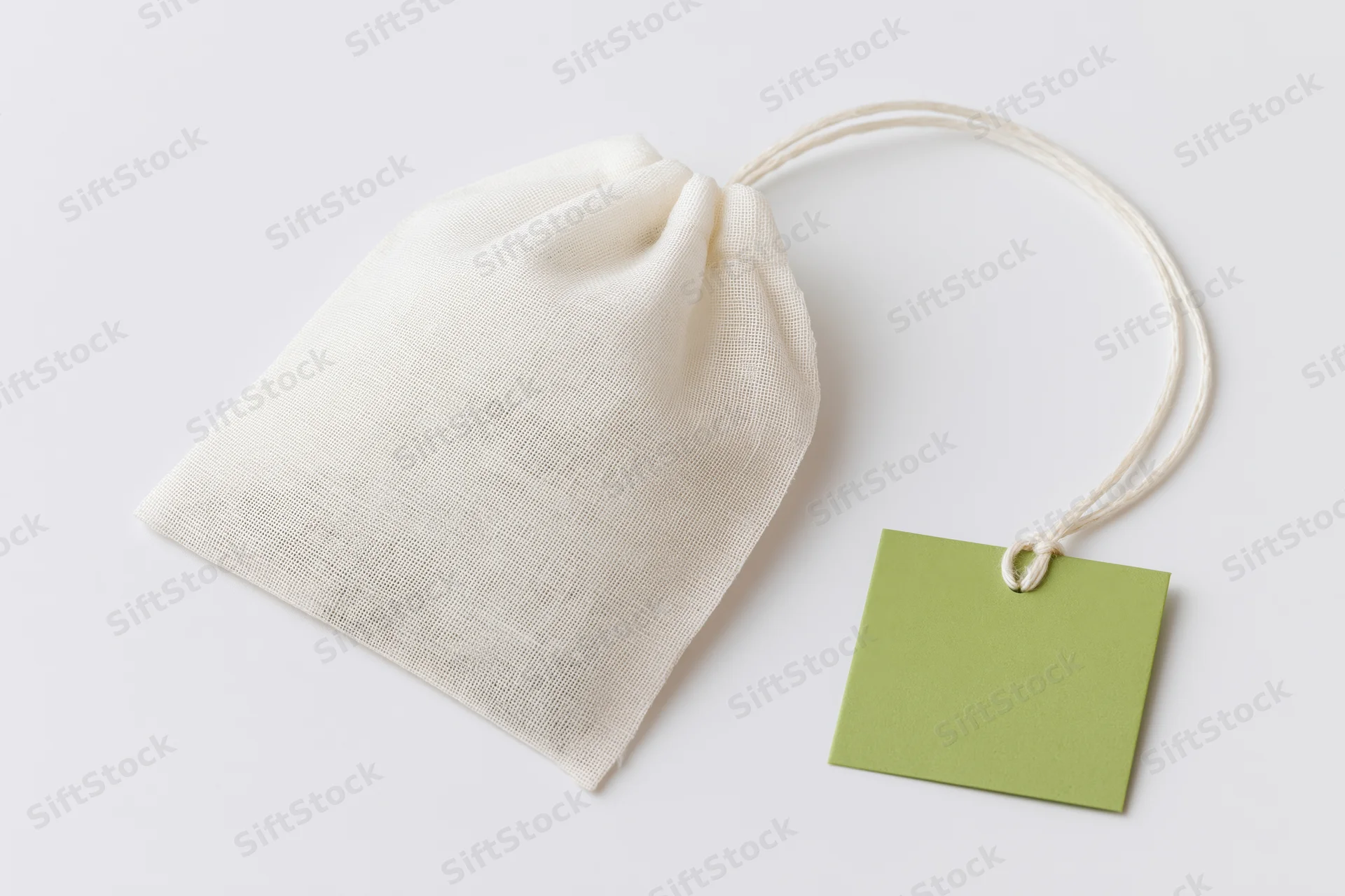 White mesh tea bag with green paper tag attached by string, lying flat on white surface