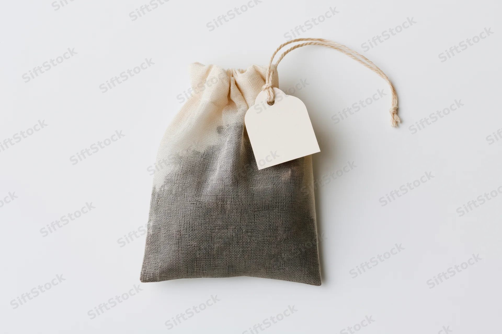 Cotton drawstring tea bag with blank paper tag on white background