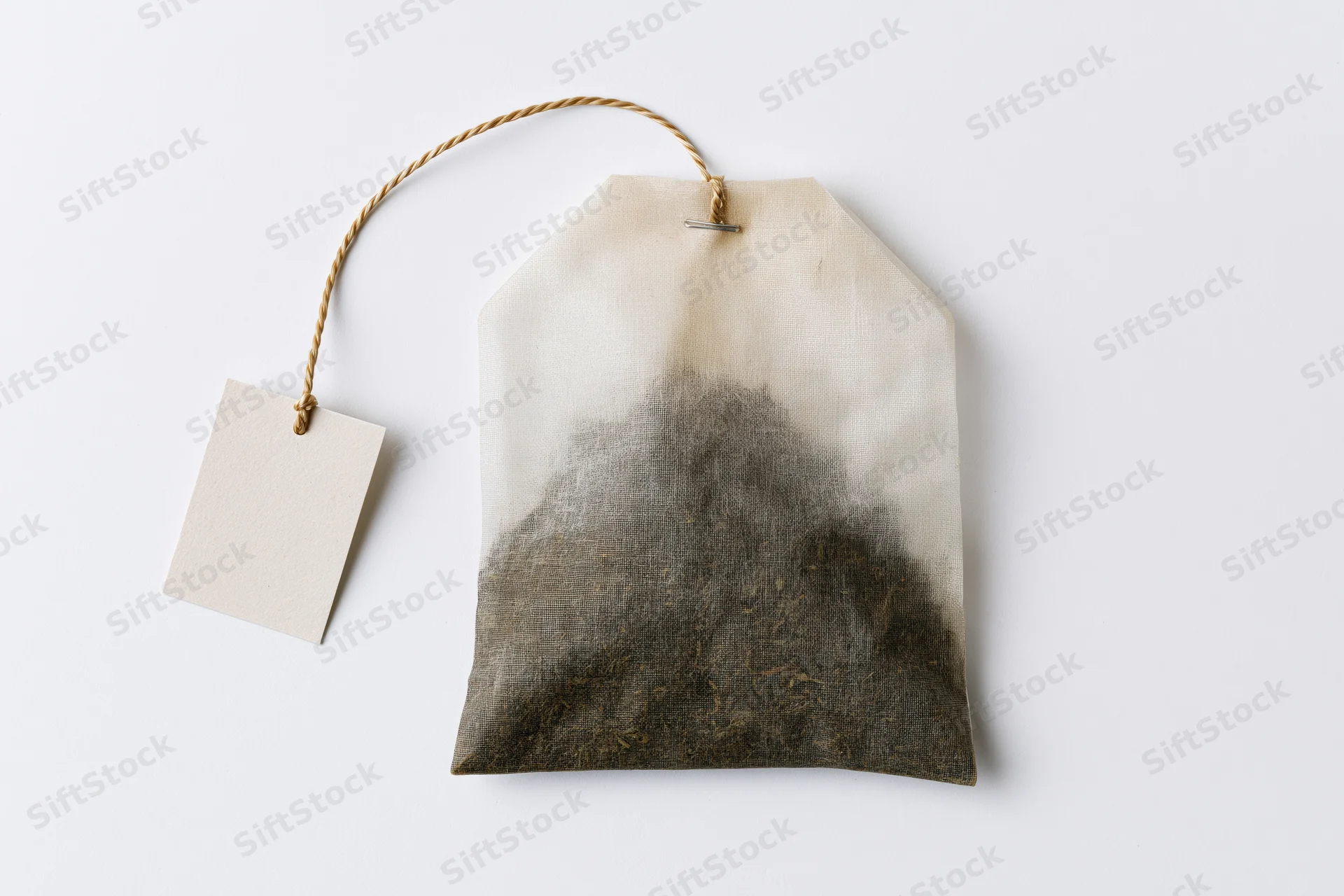 Single unused tea bag with a rectangular paper tag joined by string