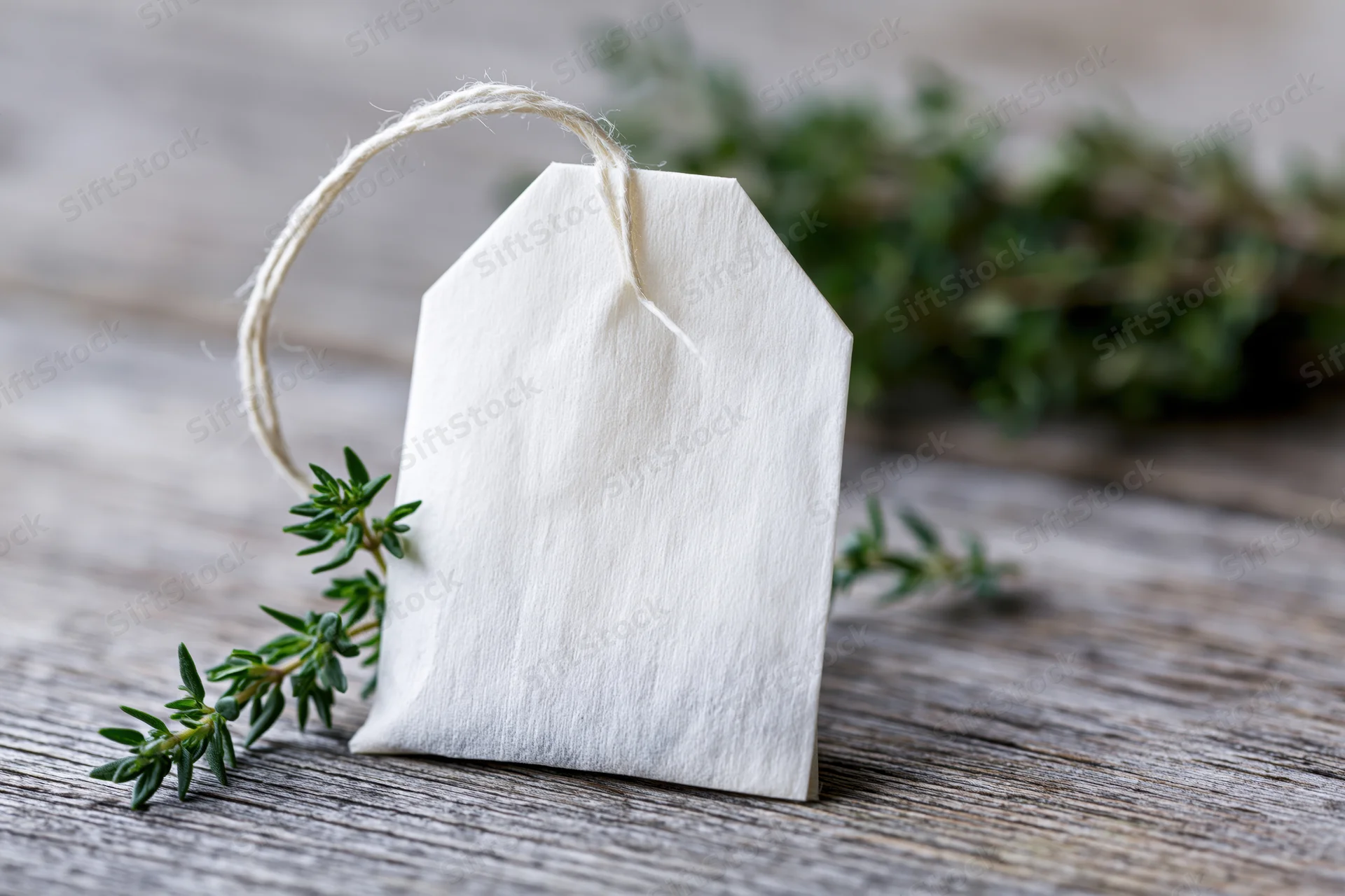 White paper tea bag with string tag resting on wooden surface beside fresh thyme sprigs