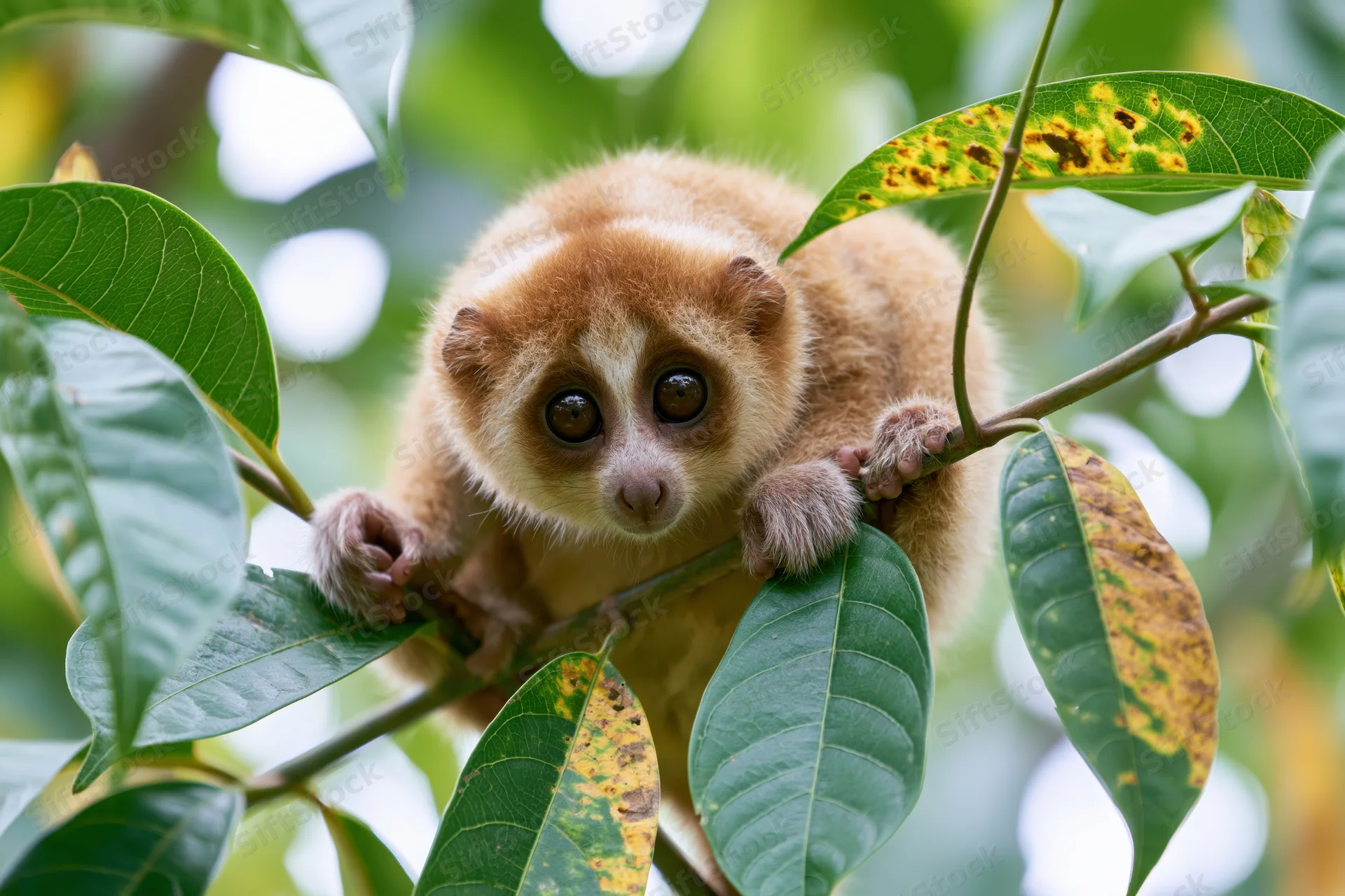 Slow loris clinging to a thin tree branch surrounded by green leaves in a tropical forest