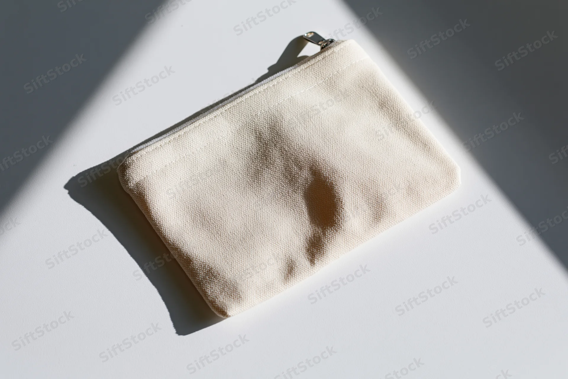 Small blank canvas zip pouch lying flat on white surface