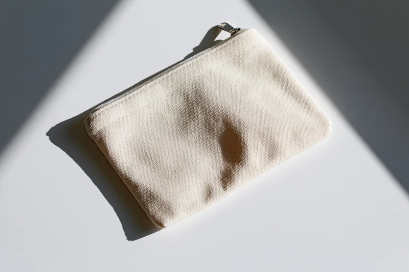 Small blank canvas zip pouch lying flat on white surface