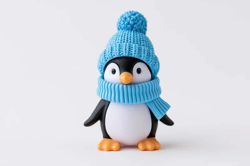 Small cartoon penguin figurine wearing blue knitted hat and scarf standing on white background