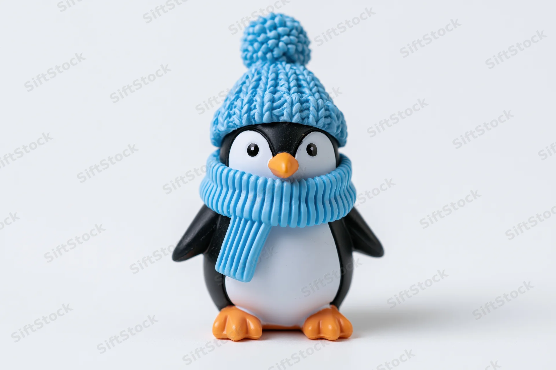Small cartoon penguin figurine wearing blue knitted hat and scarf standing on white background