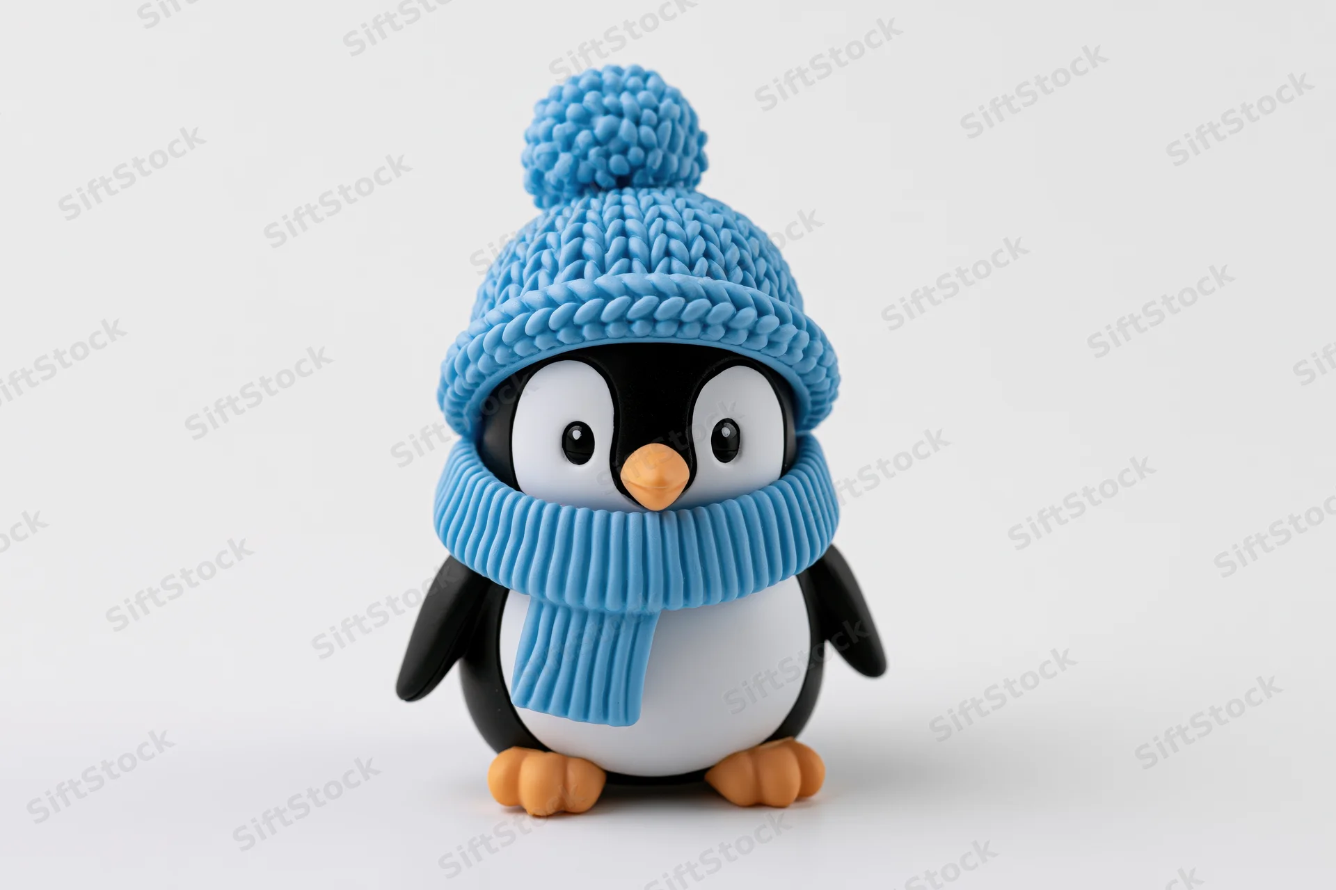 Small cartoon penguin figurine wearing blue knitted hat and scarf standing on white background