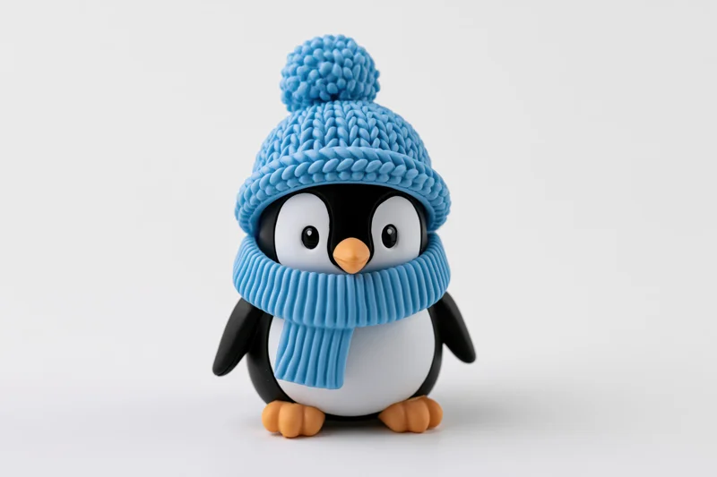 Small cartoon penguin figurine wearing blue knitted hat and scarf standing on white background