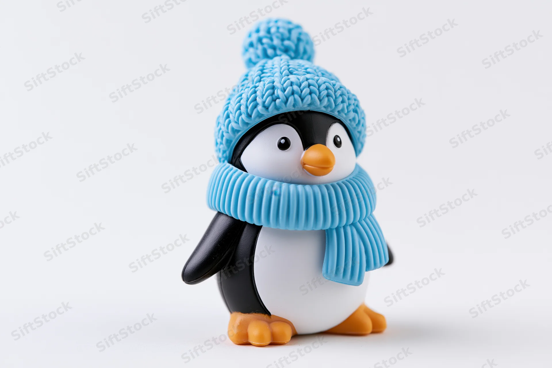 Small cartoon penguin figurine wearing blue knit hat and scarf standing on white background