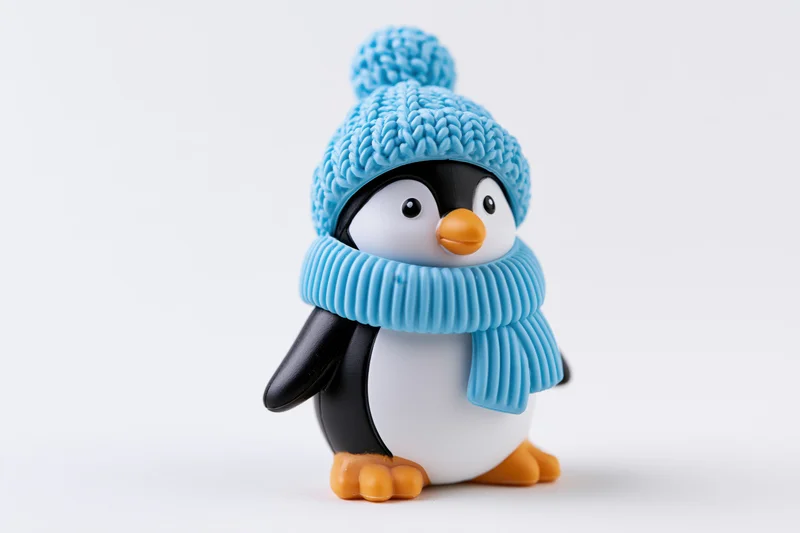 Small cartoon penguin figurine wearing blue knit hat and scarf standing on white background