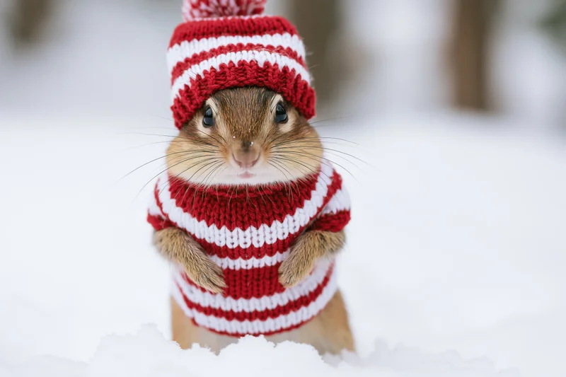 Chipmunk wearing red and white striped knitted hat and sweater standing in snow