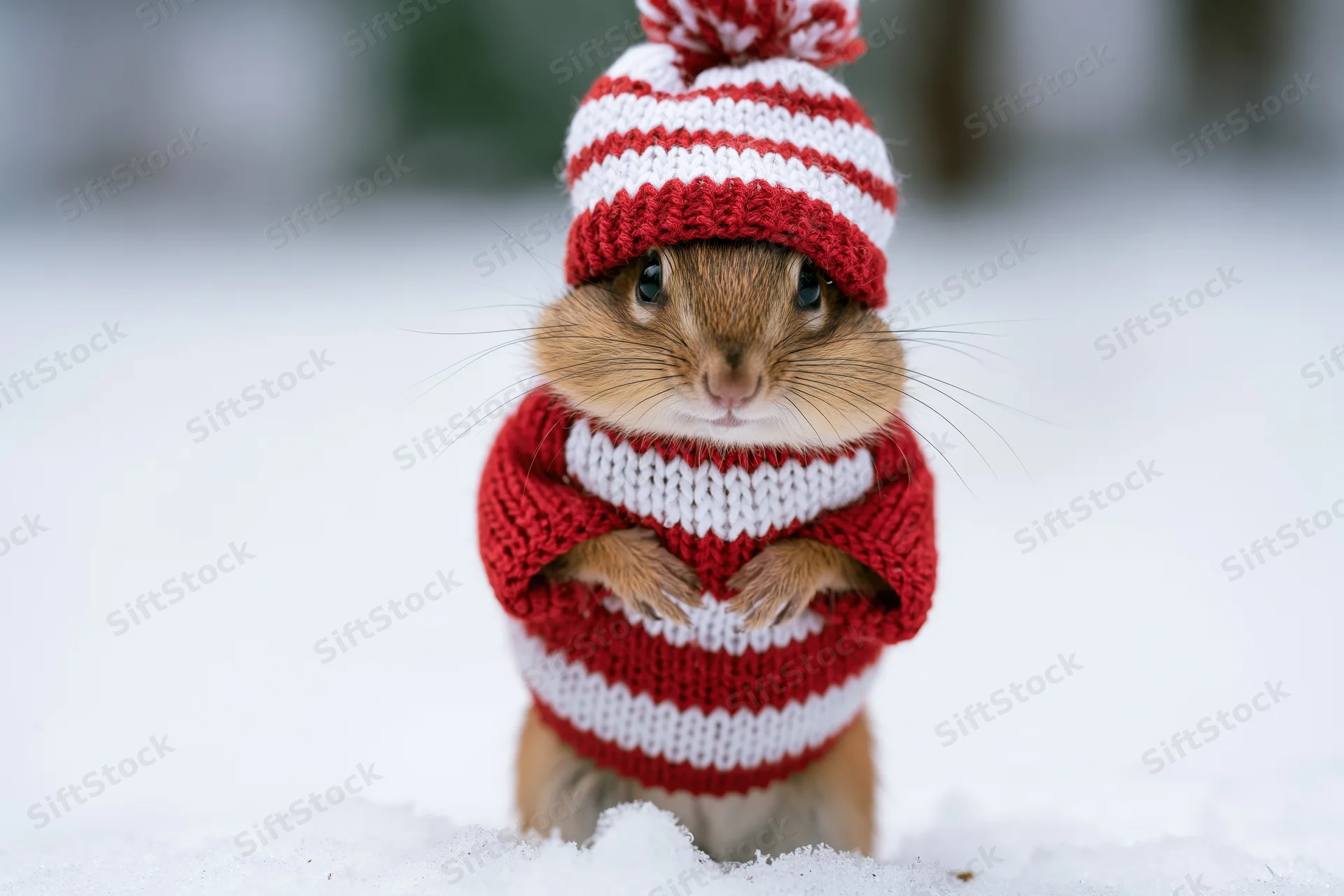 Chipmunk wearing red and white striped knitted hat and sweater standing in snow
