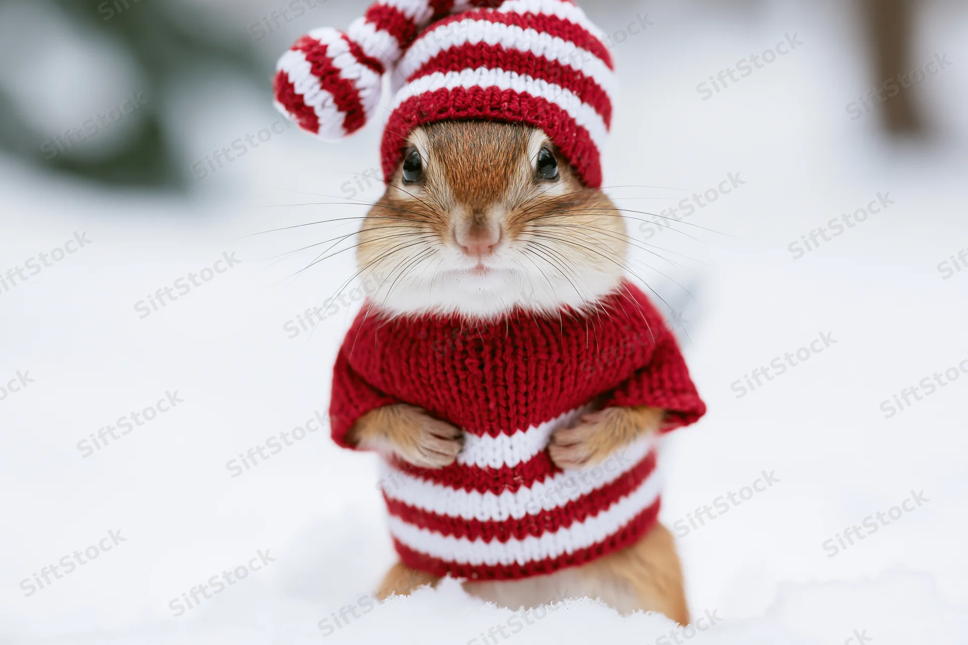 Chipmunk wearing red and white striped hat and sweater standing in snow