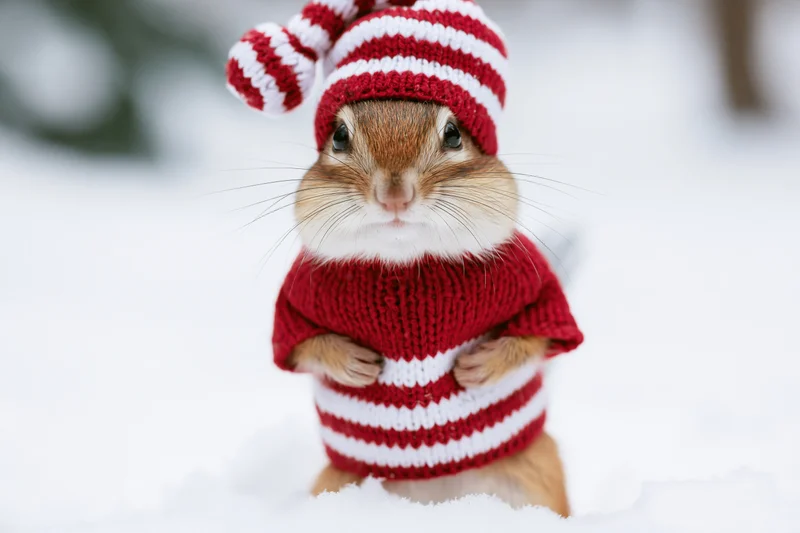 Chipmunk wearing red and white striped hat and sweater standing in snow
