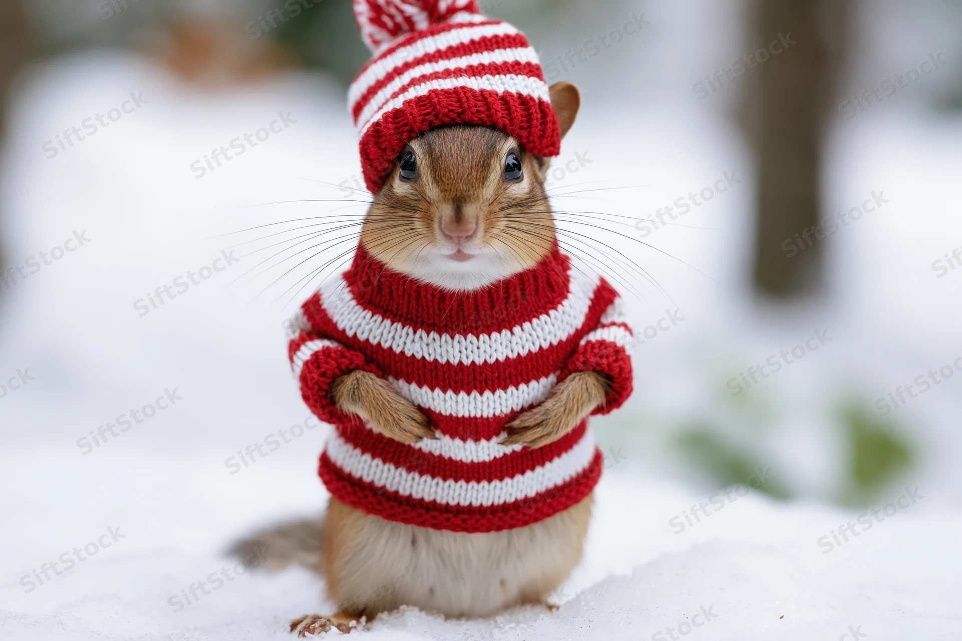 Chipmunk standing upright in snow wearing red and white striped knit sweater and hat