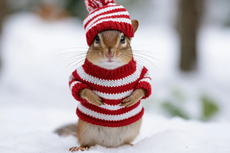 Chipmunk standing upright in snow wearing red and white striped knit sweater and hat