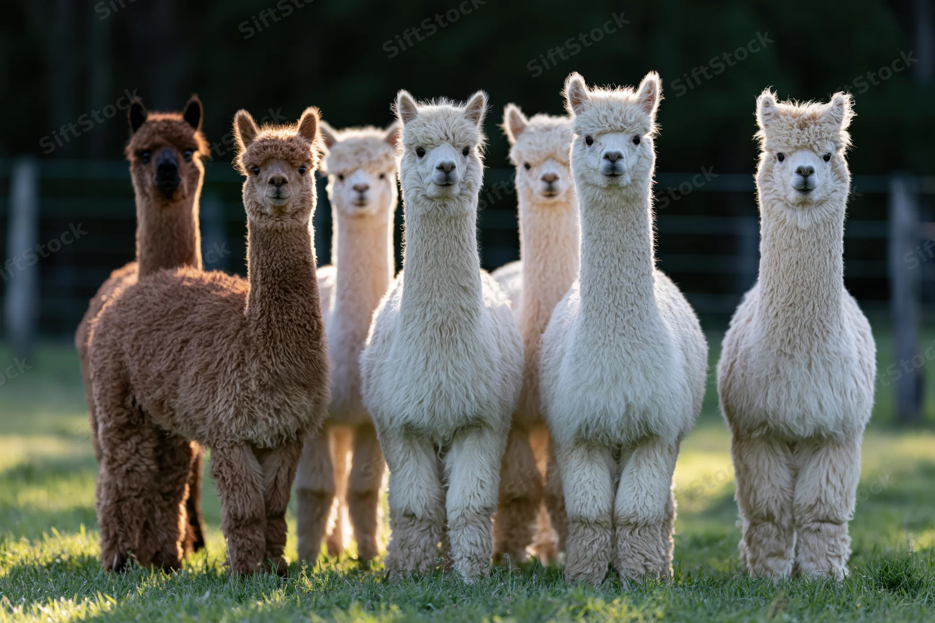 Five alpacas standing together in a green pasture