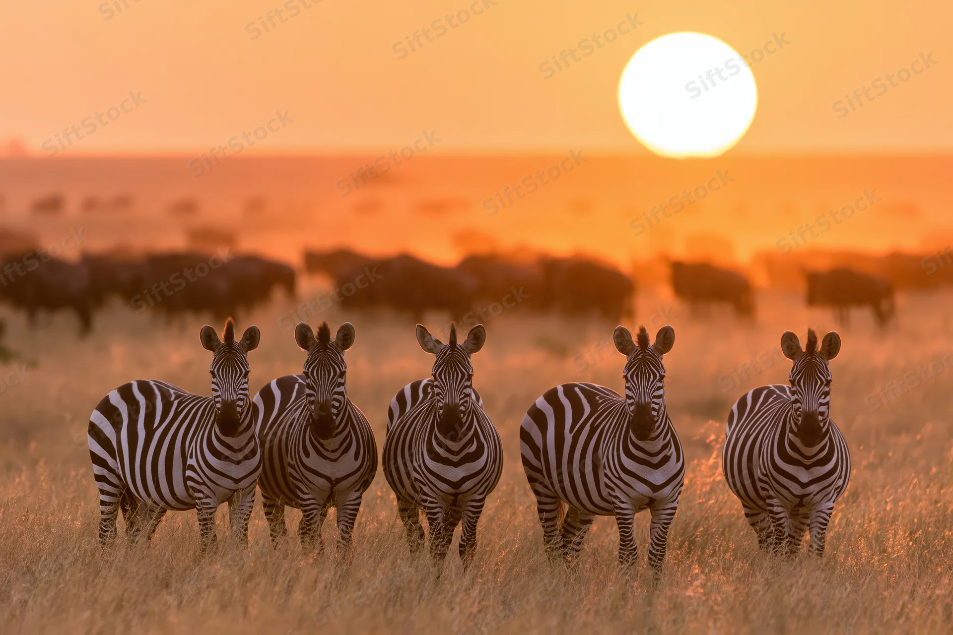 Five zebras standing in dry golden savanna grass at sunset