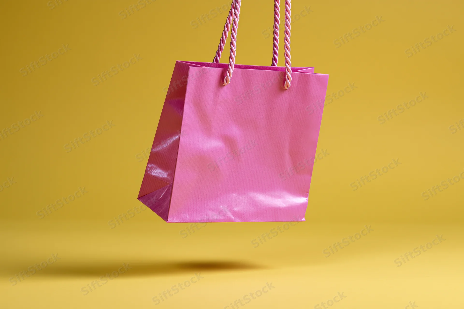 Pink paper shopping bag with twisted rope handles floating against yellow background