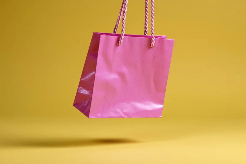 Pink paper shopping bag with twisted rope handles floating against yellow background