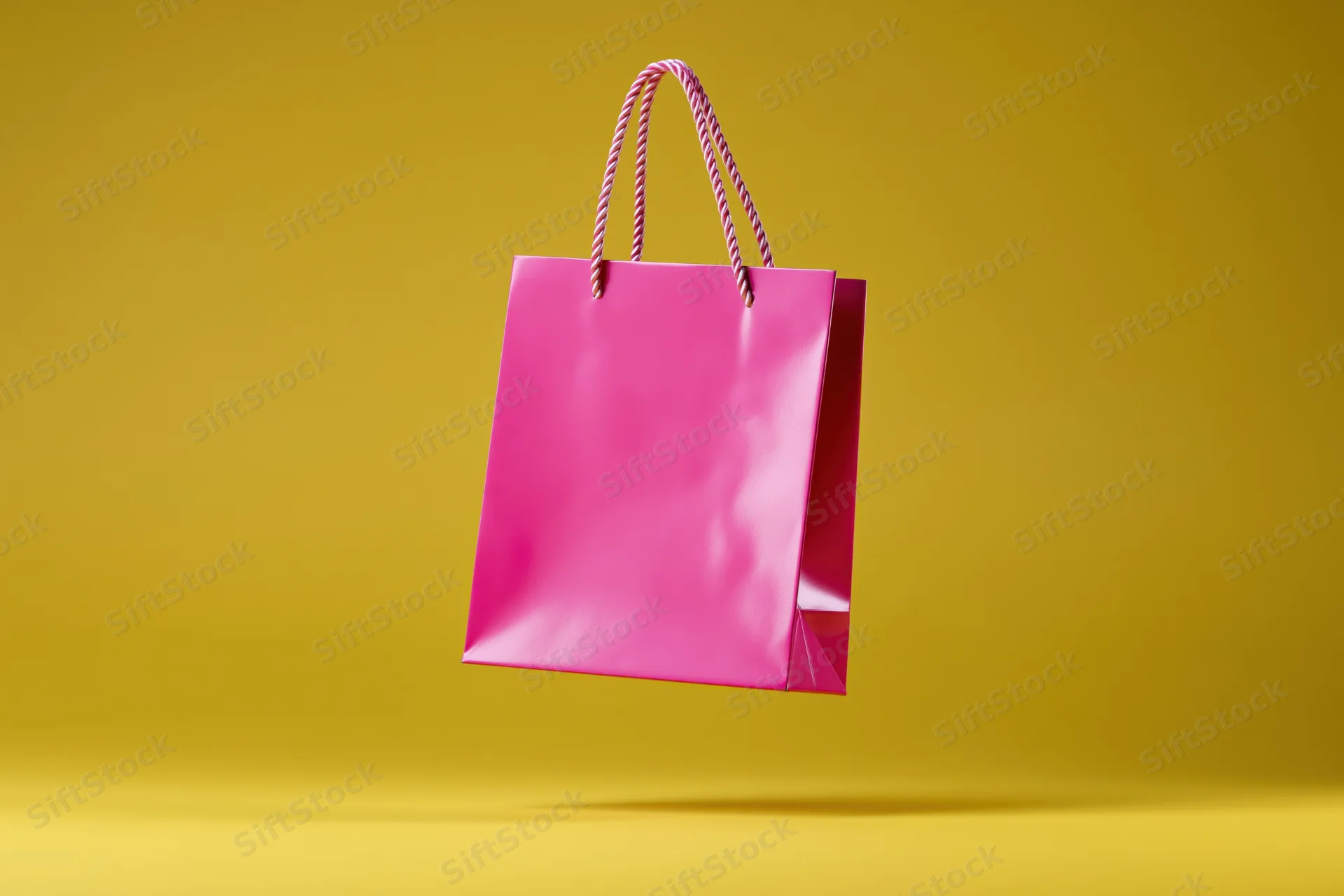Pink paper shopping bag floating against yellow background with copyspace