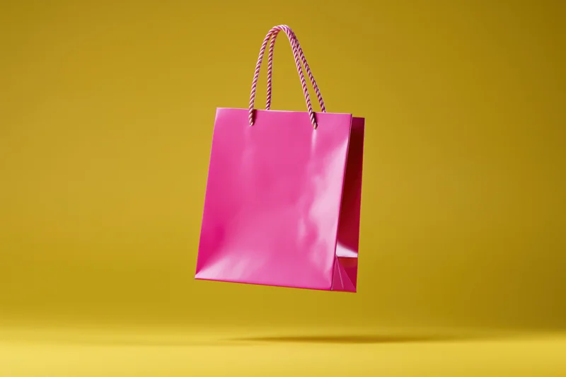 Pink paper shopping bag floating against yellow background with copyspace