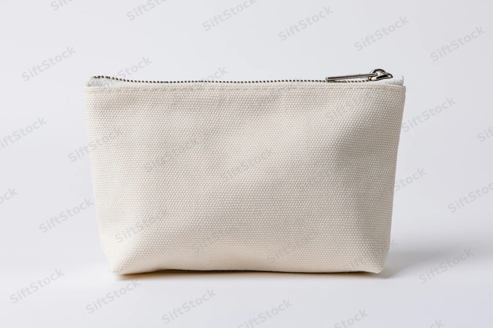 Small rectangular canvas zipper pouch sitting upright on white background