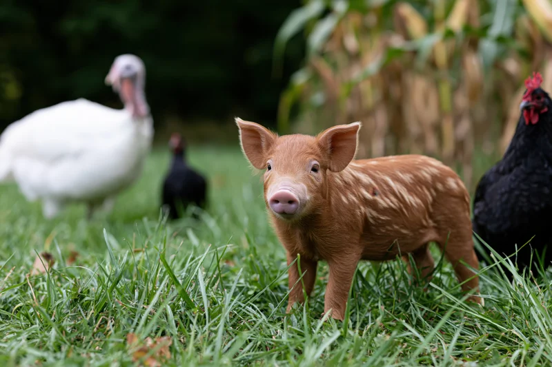 Small striped piglet standing alert in lush green grass with chickens and turkey nearby