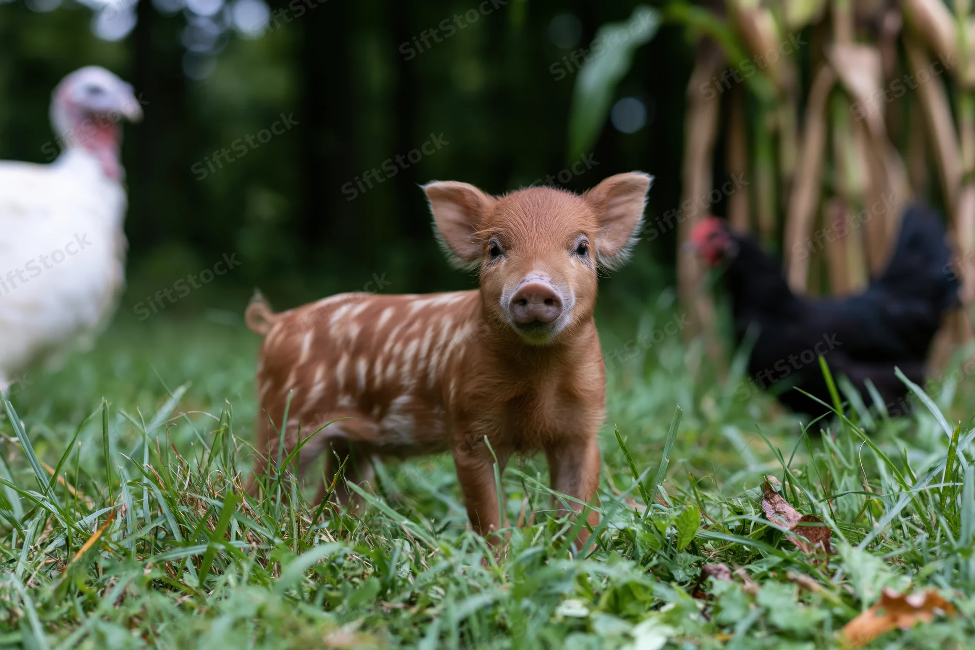 Spotted piglet standing alert in grassy field with turkey and chicken nearby