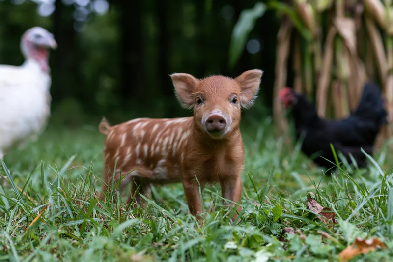 Spotted piglet standing alert in grassy field with turkey and chicken nearby