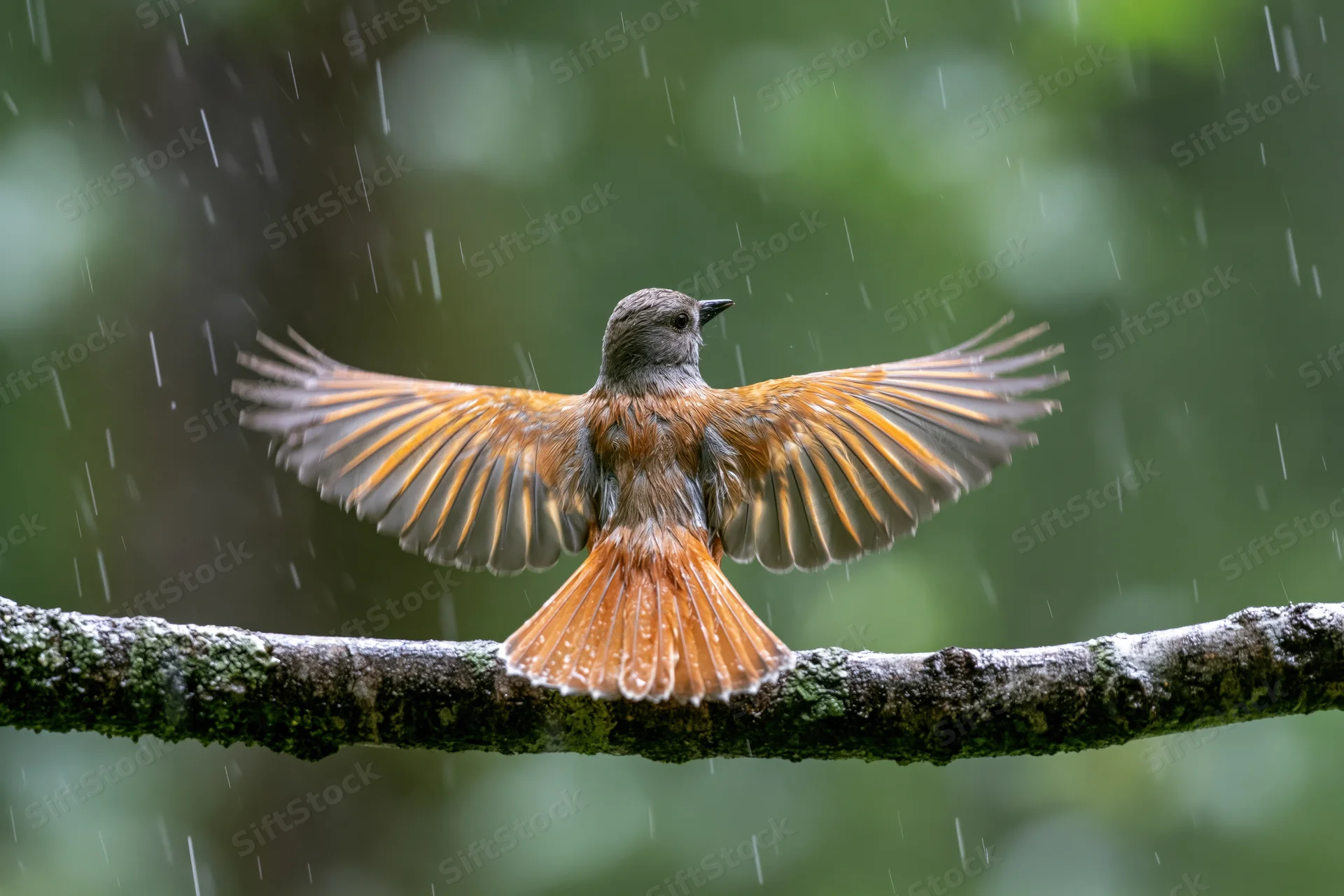 Rufous-and-grey bird with wings spread perched on a mossy branch in rain