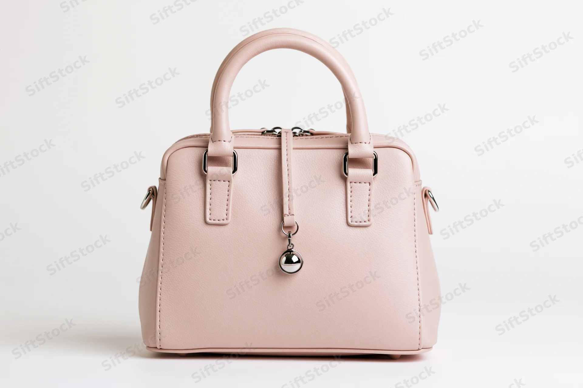 Pink leather handbag with dual top handles and silver hardware on white background
