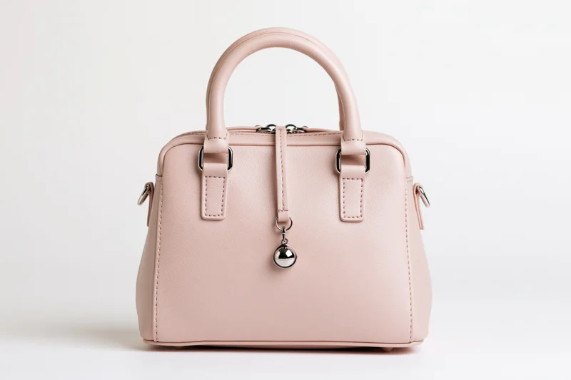 Pink leather handbag with dual top handles and silver hardware on white background