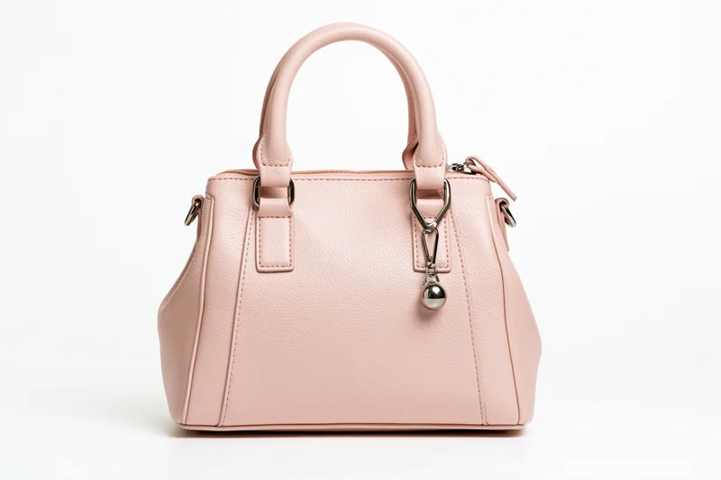 Pink leather handbag with dual top handles and metal hardware on white background