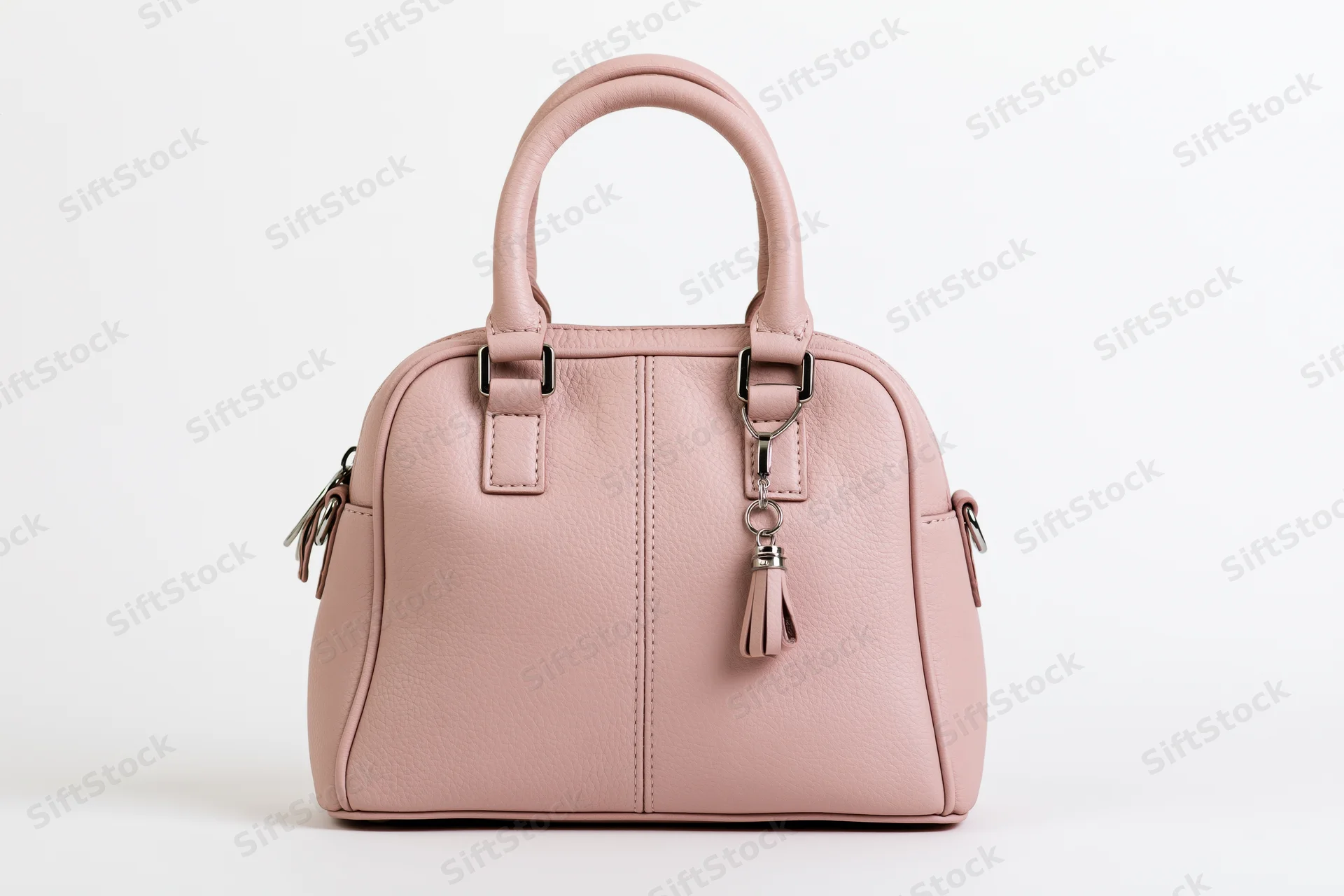 Pink leather handbag with dual top handles and tassel detail on white background