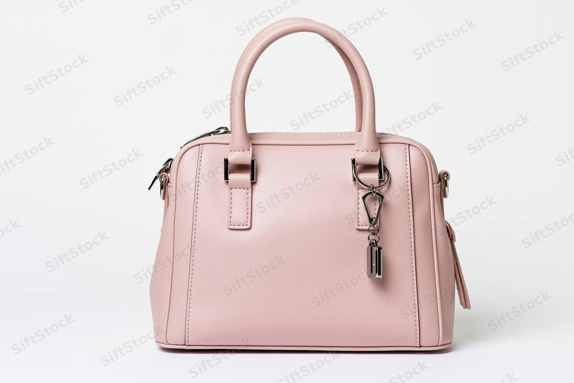 Small structured pink leather handbag with dual top handles and metal hardware on white background