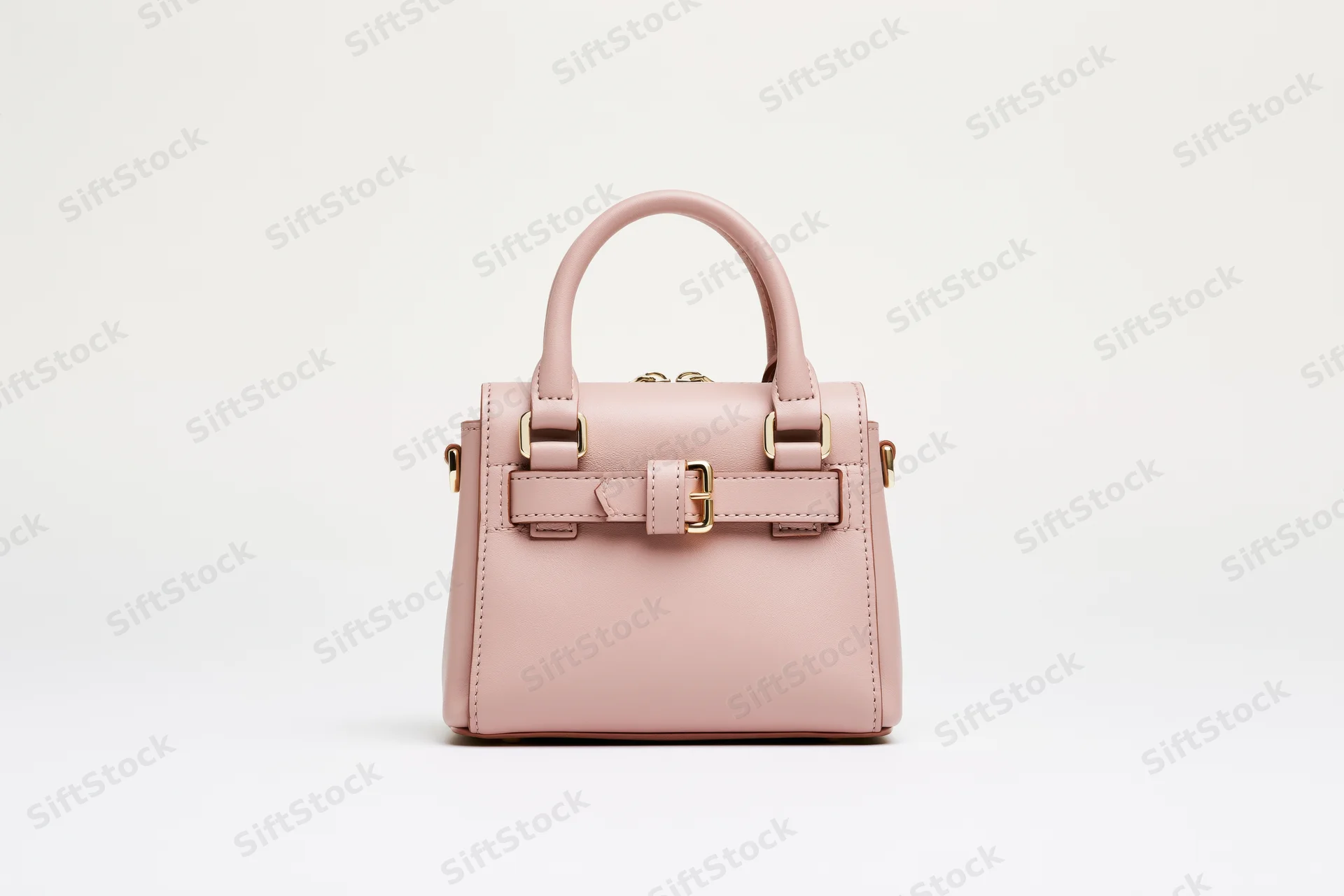 Small structured pink leather handbag with dual top handles and gold hardware on white background