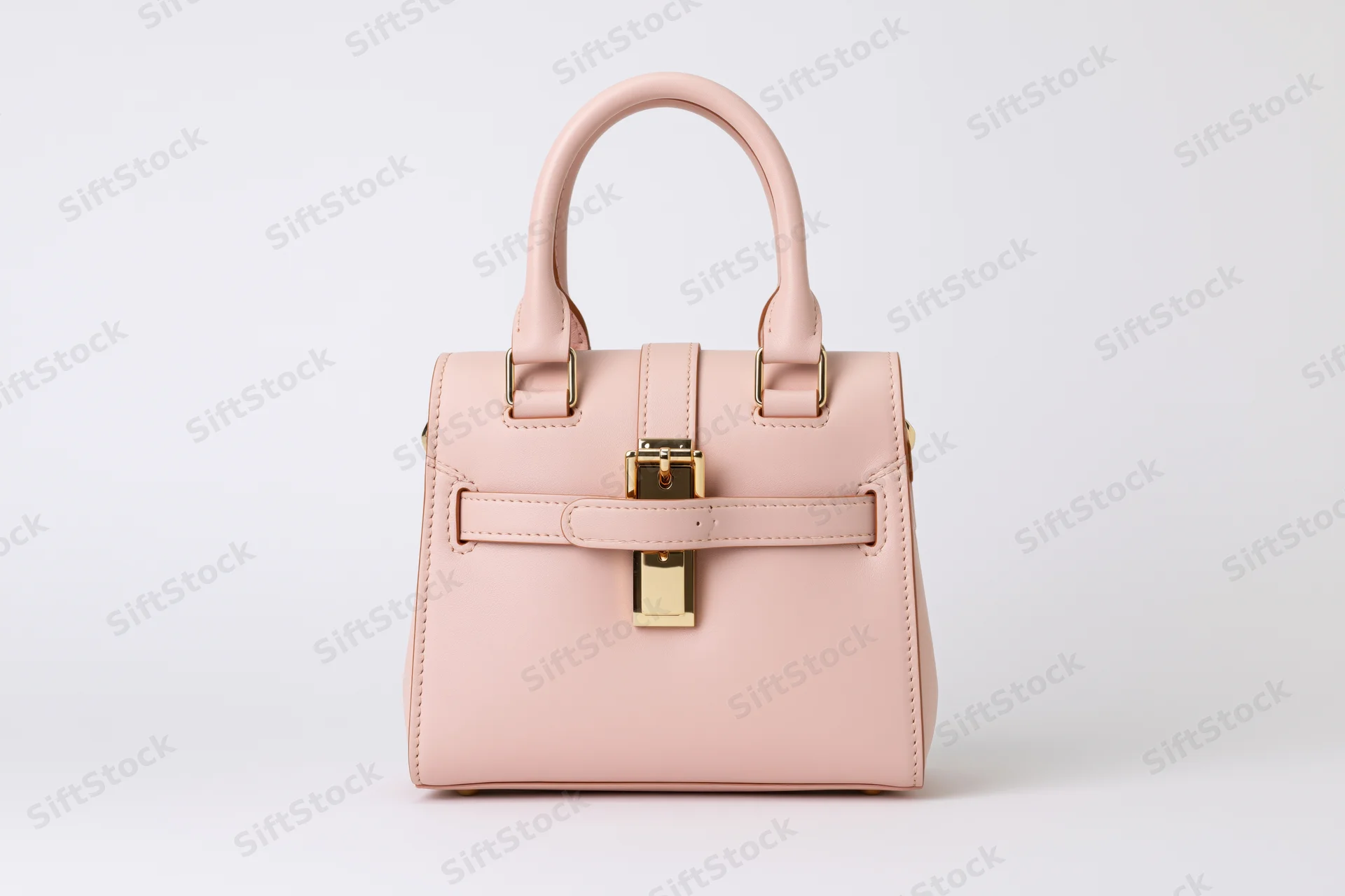 Small structured pink leather handbag with dual top handles and gold hardware on white background