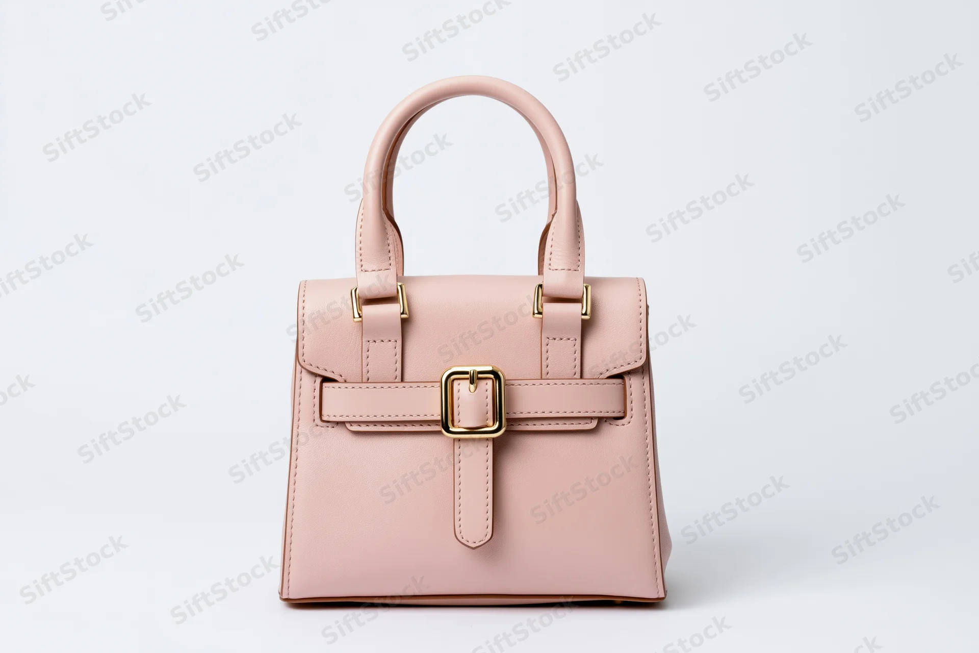 Small structured pink leather handbag with dual top handles and gold hardware on white background