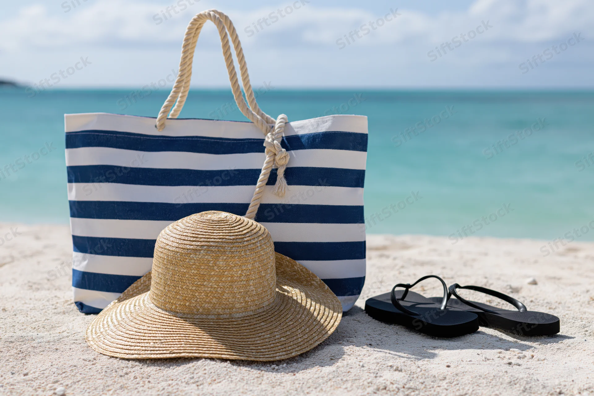 Straw hat and blue-white striped tote bag with flip flops on sandy beach near ocean