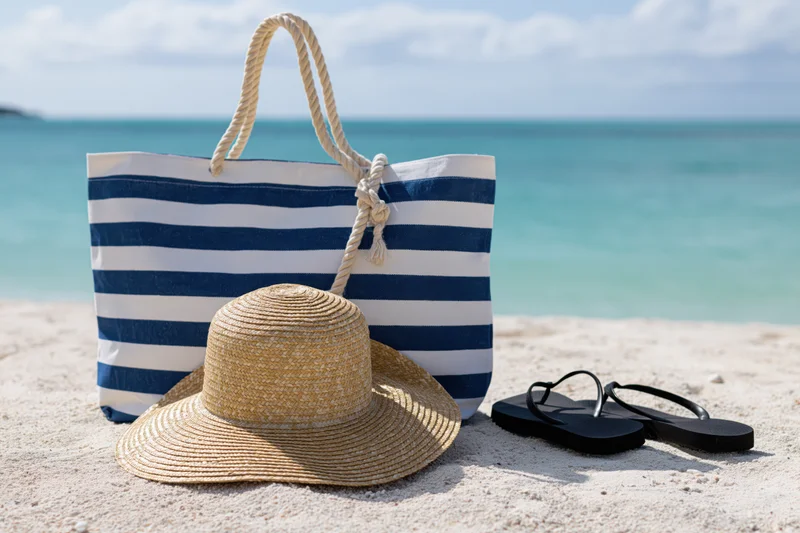 Straw hat and blue-white striped tote bag with flip flops on sandy beach near ocean