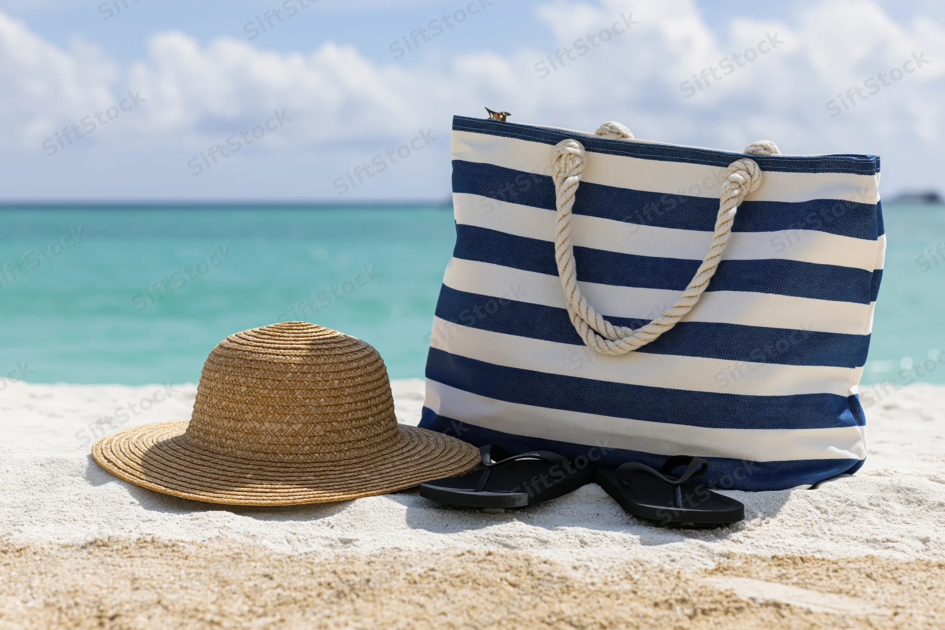 Straw hat and striped tote bag with flip flops on sandy beach near ocean