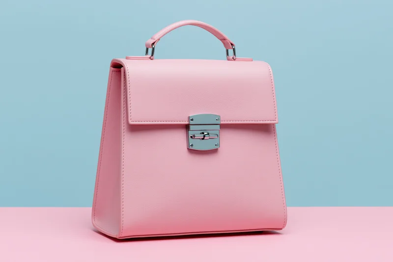 Pink leather handbag with top handle and silver clasp on pastel surface