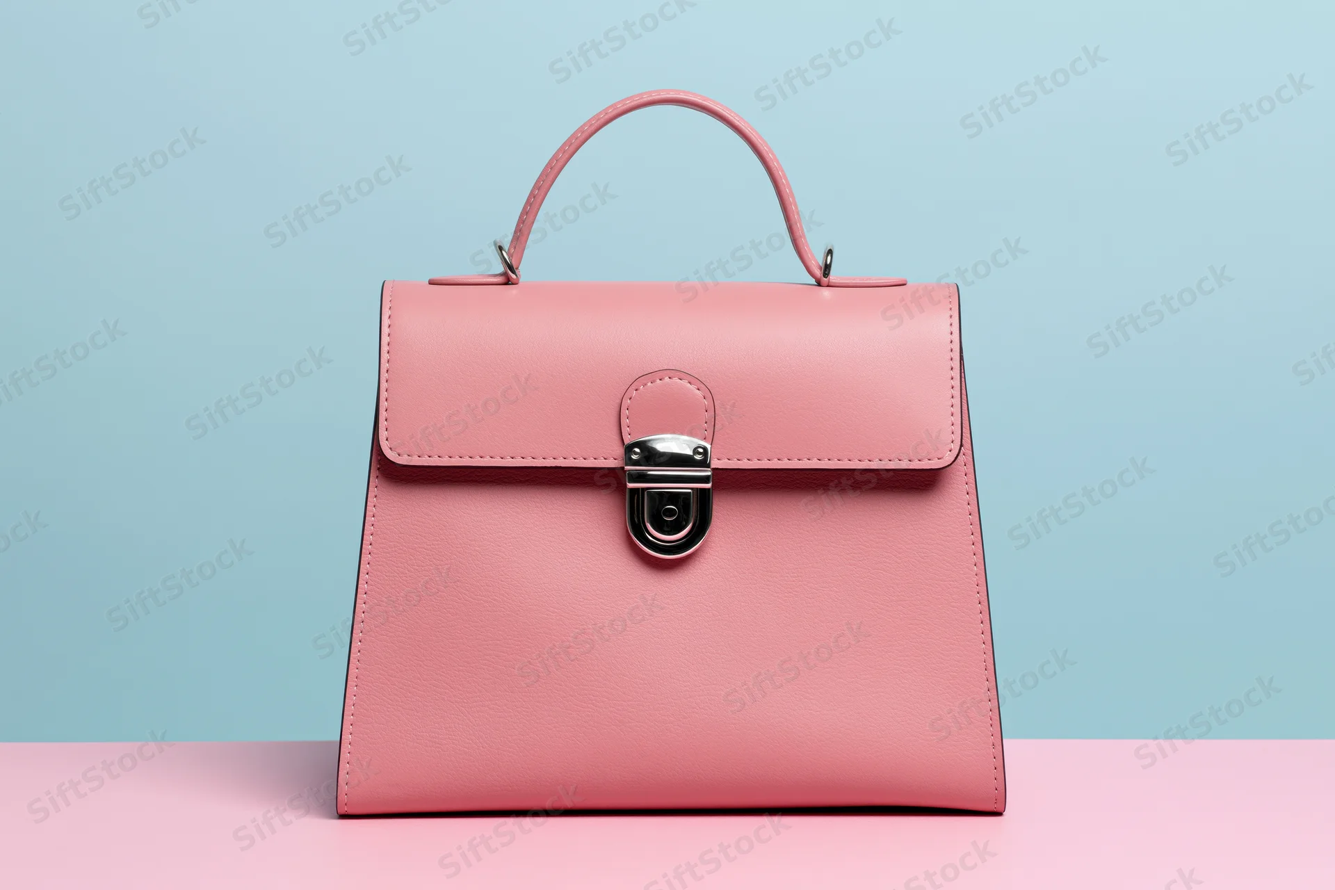 Pink leather handbag with top handle and silver clasp on pastel blue background