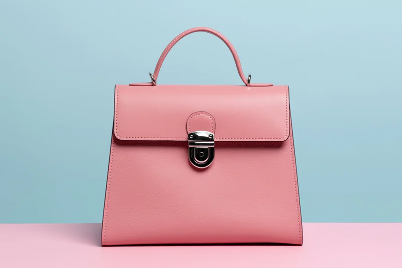 Pink leather handbag with top handle and silver clasp on pastel blue background