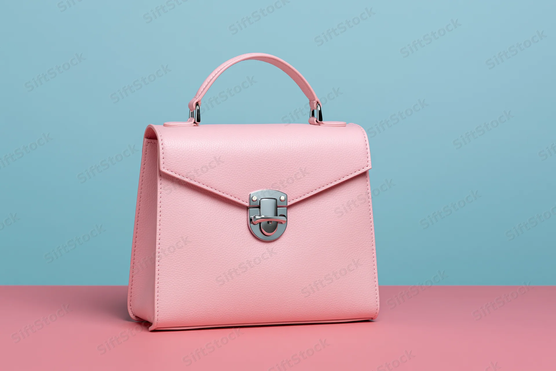 Pink leather handbag with top handle and silver clasp on pink surface against blue background