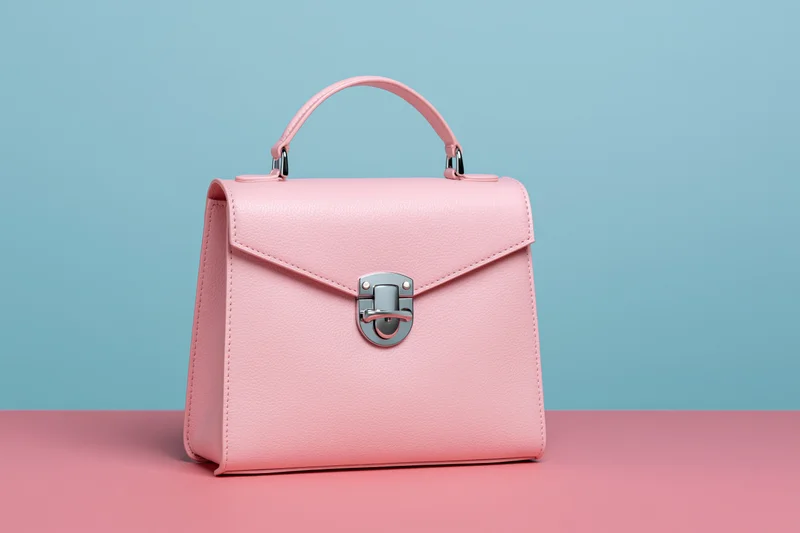 Pink leather handbag with top handle and silver clasp on pink surface against blue background