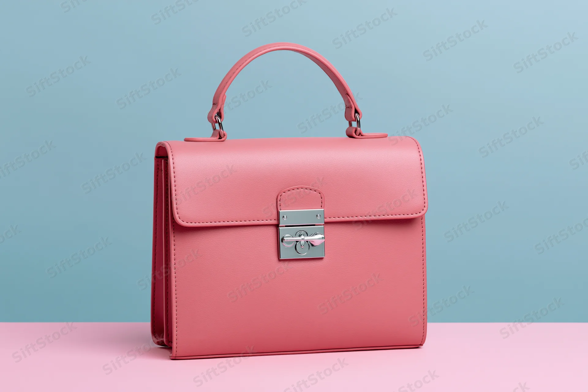 Pink leather handbag with top handle and silver clasp on pastel surface