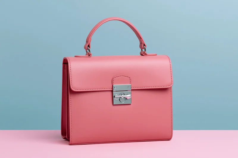 Pink leather handbag with top handle and silver clasp on pastel surface