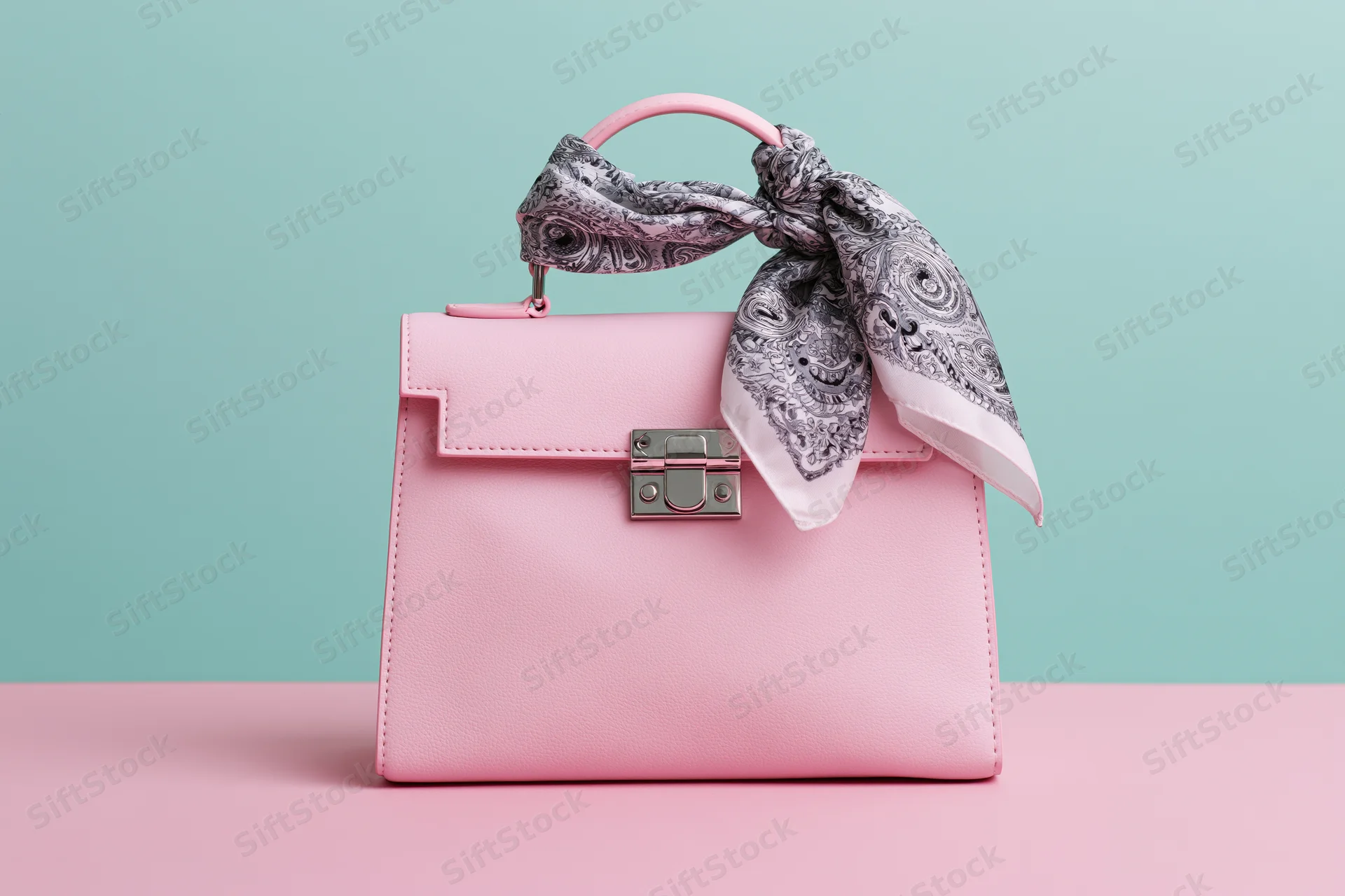 Pink structured leather handbag with silver clasp and patterned scarf on handle, on pastel surface against mint background