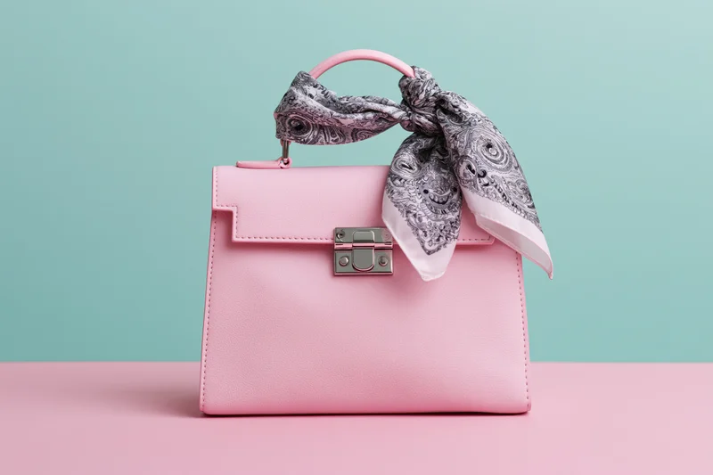 Pink structured leather handbag with silver clasp and patterned scarf on handle, on pastel surface against mint background